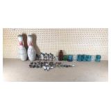2 wood bowling pins, old casters, vintage bottles, glass insulators
