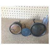 3 Vintage thumb press oil cans and 1 Coleman #0 Filler funnel