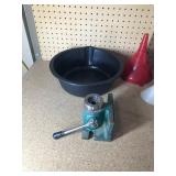 oil pan, funnels, yard trailer hitch, 2 dock wenches and more