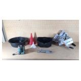 oil pan, funnels, yard trailer hitch, 2 dock wenches and more