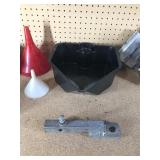 oil pan, funnels, yard trailer hitch, 2 dock wenches and more