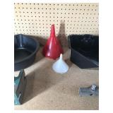 oil pan, funnels, yard trailer hitch, 2 dock wenches and more