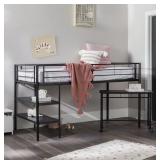 Walker Edison Twin Loft Twin Bed with Desk & Shelves - Black - MSRP $436