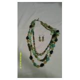 Blue/Green Beaded Necklaces & Earring Pair