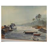 ML - Framed L. Backus Watercolor Harbor Scene Painting