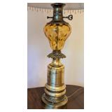 Pair of Vintage Brass and Amber Glass Table Lamps with Shades