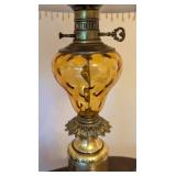 Pair of Vintage Brass and Amber Glass Table Lamps with Shades
