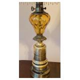 Pair of Vintage Brass and Amber Glass Table Lamps with Shades