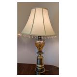 Pair of Vintage Brass and Amber Glass Table Lamps with Shades