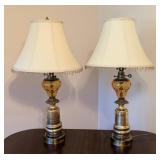 Pair of Vintage Brass and Amber Glass Table Lamps with Shades