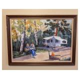 LR - Framed Watercolor Painting by Backus - Campers at Forest Campsite