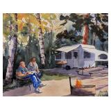 LR - Framed Watercolor Painting by Backus - Campers at Forest Campsite