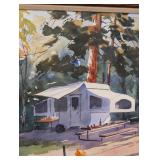 LR - Framed Watercolor Painting by Backus - Campers at Forest Campsite