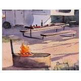 LR - Framed Watercolor Painting by Backus - Campers at Forest Campsite
