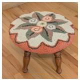 ML - Vintage Smithcraft Hooked Wool Footstool with Floral Pattern, 13 Inch Diameter