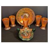 K - Vintage Iridescent Carnival Glass Set with 4 Tumblers, Large Plate, and Butterfly Bowl