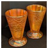 K - Vintage Iridescent Carnival Glass Set with 4 Tumblers, Large Plate, and Butterfly Bowl