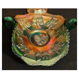 K - Vintage Iridescent Carnival Glass Set with 4 Tumblers, Large Plate, and Butterfly Bowl