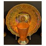 K - Vintage Iridescent Carnival Glass Set with 4 Tumblers, Large Plate, and Butterfly Bowl