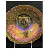 K - Vintage Iridescent Carnival Glass Set with 4 Tumblers, Large Plate, and Butterfly Bowl