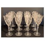 BR - Set of 12 Vintage Tiffin Crystal Wine Glasses with Etched Floral Design