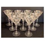 BR - Set of 9 Vintage Tiffin Etched Crystal Wine Glasses, 7 Inch, 3 Chipped