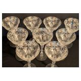 BR - Set of 9 Vintage Tiffin Etched Crystal Wine Glasses, 7 Inch, 3 Chipped