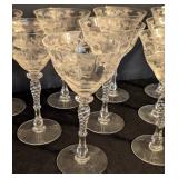 BR - Set of 9 Vintage Tiffin Etched Crystal Wine Glasses, 7 Inch, 3 Chipped
