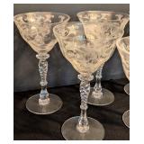 BR - Set of 9 Vintage Tiffin Etched Crystal Wine Glasses, 7 Inch, 3 Chipped