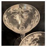 BR - Set of 9 Vintage Tiffin Etched Crystal Wine Glasses, 7 Inch, 3 Chipped