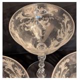 BR - Set of 9 Vintage Tiffin Etched Crystal Wine Glasses, 7 Inch, 3 Chipped