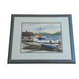 ML - Framed Watercolor Painting by Betty D. Brown Featuring Boats and Lakeside Scene