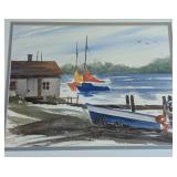 ML - Framed Watercolor Painting by Betty D. Brown Featuring Boats and Lakeside Scene