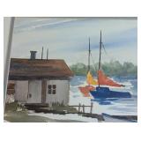 ML - Framed Watercolor Painting by Betty D. Brown Featuring Boats and Lakeside Scene
