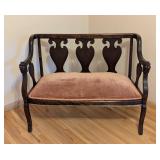ML - Antique Wood Settee with Pink Upholstered Seat and Carved Lion Armrests