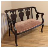 ML - Antique Wood Settee with Pink Upholstered Seat and Carved Lion Armrests