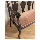 ML - Antique Wood Settee with Pink Upholstered Seat and Carved Lion Armrests