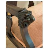 ML - Antique Wood Settee with Pink Upholstered Seat and Carved Lion Armrests