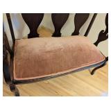ML - Antique Wood Settee with Pink Upholstered Seat and Carved Lion Armrests
