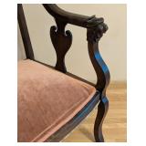 ML - Antique Wood Settee with Pink Upholstered Seat and Carved Lion Armrests