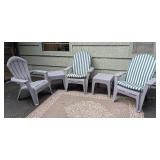 P - Patio Furniture Set with 3 Gray Plastic Chairs, 2 Ottomans, and Outdoor Rug