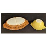 LR - Vintage Pyrex Brown Divided Casserole Dish with Yellow Mixing Bowl Set