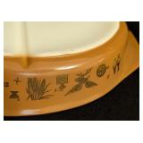 LR - Vintage Pyrex Brown Divided Casserole Dish with Yellow Mixing Bowl Set