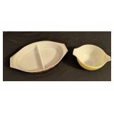 LR - Vintage Pyrex Brown Divided Casserole Dish with Yellow Mixing Bowl Set