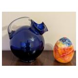 LR - Vintage Cambridge Tilt Ball Cobalt Blue Glass Pitcher and  and Swirled Glass Egg Vase