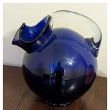 LR - Vintage Cambridge Tilt Ball Cobalt Blue Glass Pitcher and  and Swirled Glass Egg Vase