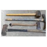 Set of 4 Used Hand Tools Including Sledgehammer, Pickaxe, Axe, and Mallet