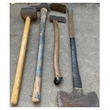 Set of 4 Used Hand Tools Including Sledgehammer, Pickaxe, Axe, and Mallet