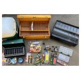 Vintage Fishing Tackle Box Collection with Reels, Lures, Cooler, and Accessories