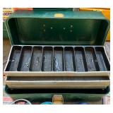 Vintage Fishing Tackle Box Collection with Reels, Lures, Cooler, and Accessories